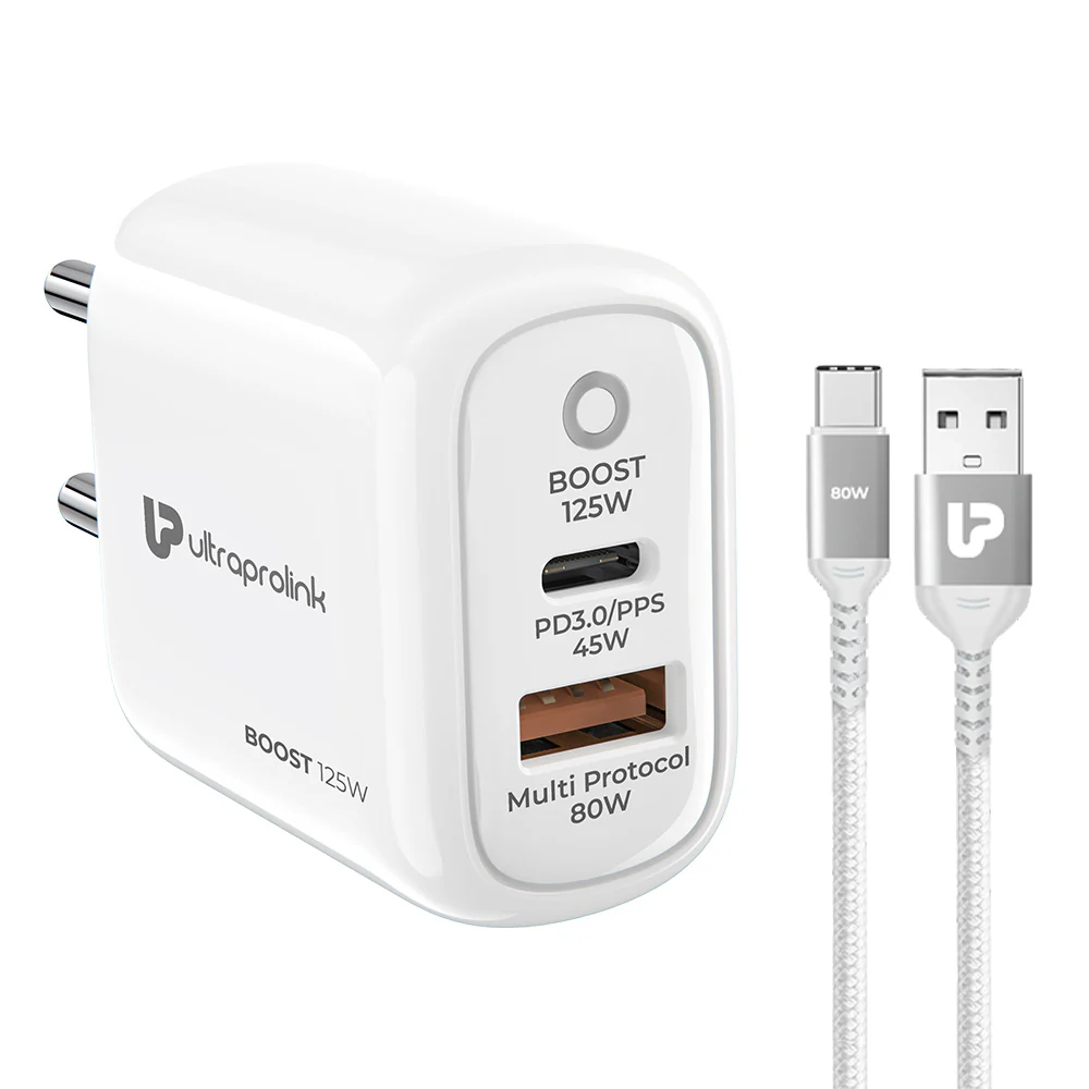 Boost 125W Dual USB Multi-Protocol Fast Travel Charger with A-C 1m Cable