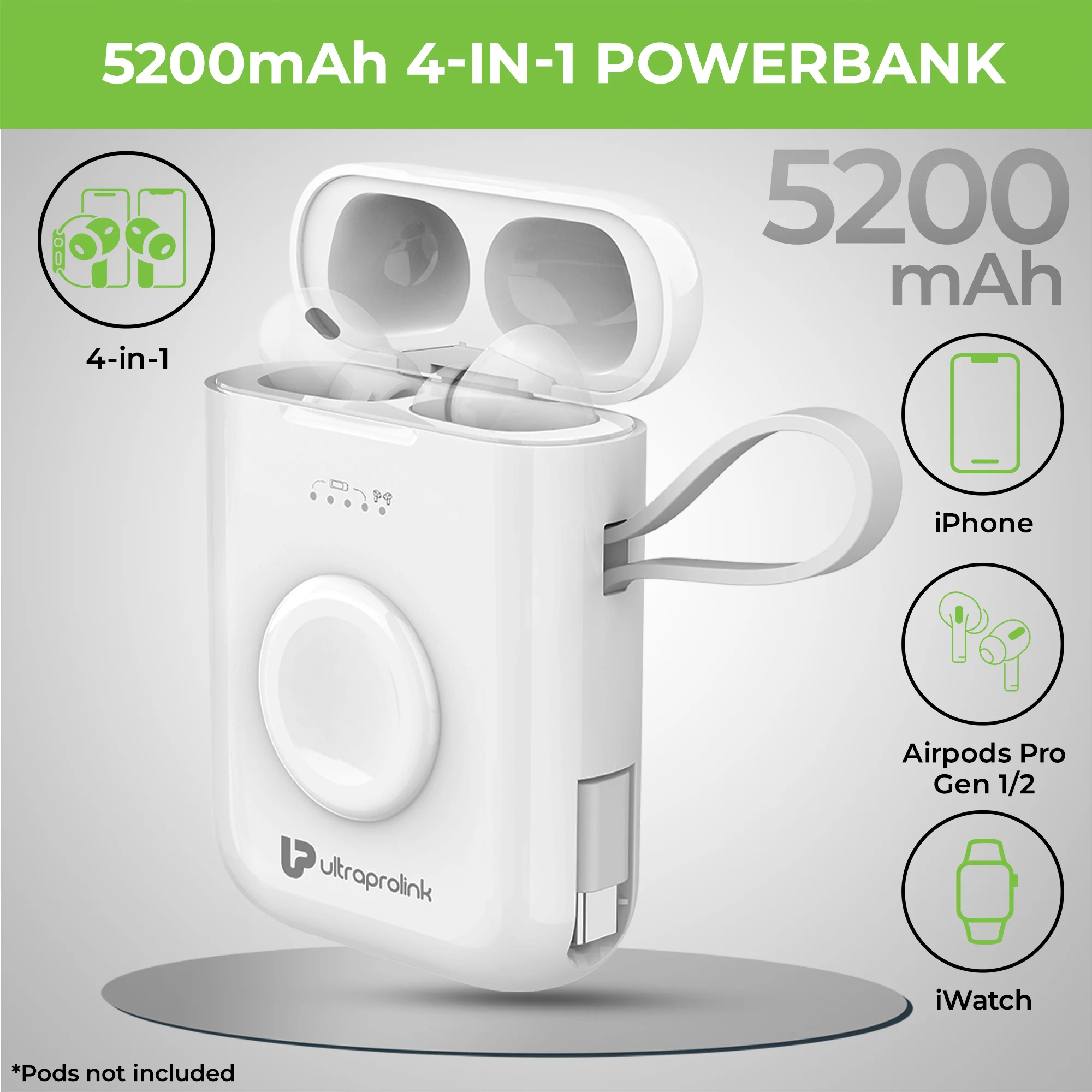 Juice-Up QuadPod 4-in-1 PowerBank for iPhone - Pods Pro - iWatch - Image 2