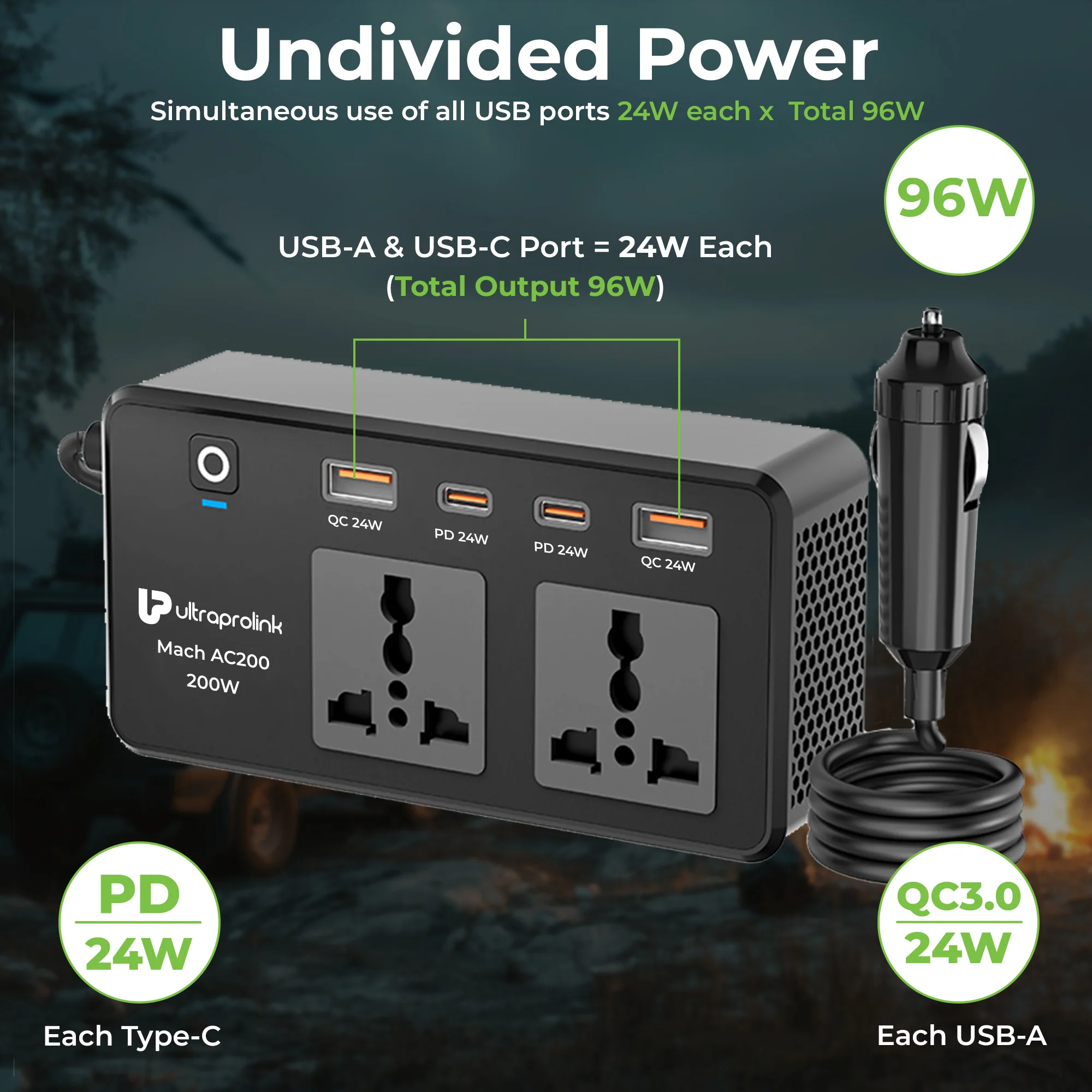 Mach AC 200 6-in-1 Car DC 12V to AC 200W Inverter with 4 port QC-PD USB - Image 2