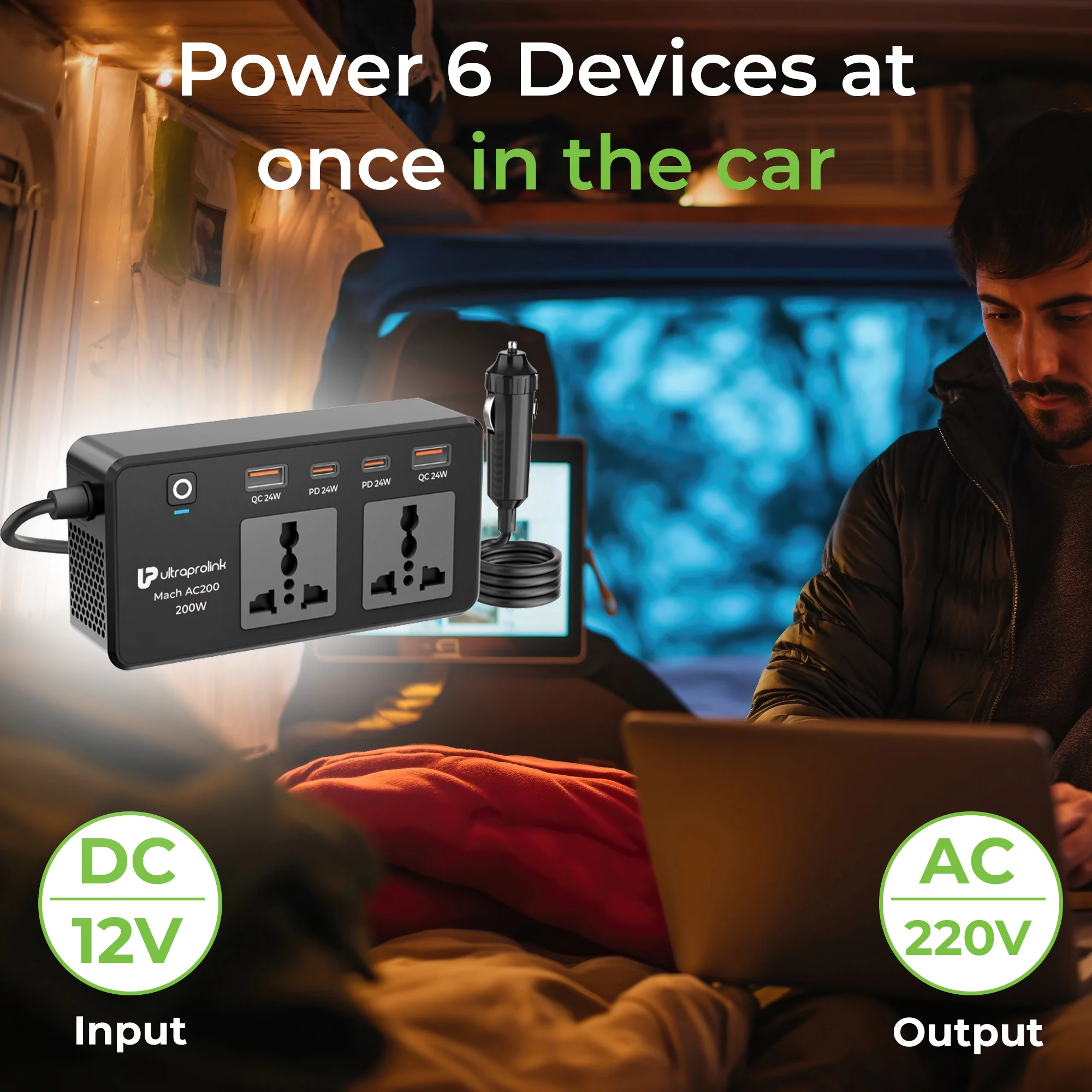 Mach AC 200 6-in-1 Car DC 12V to AC 200W Inverter with 4 port QC-PD USB - Image 5