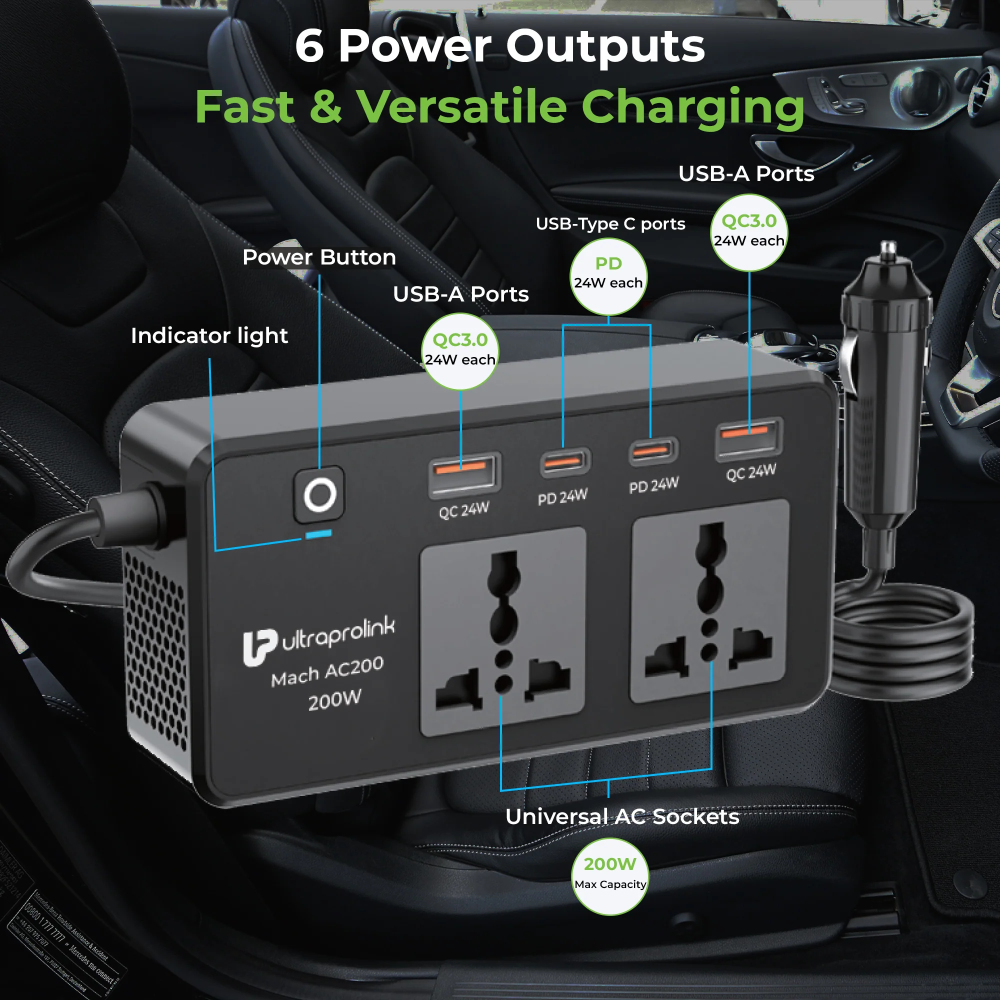 Mach AC 200 6-in-1 Car DC 12V to AC 200W Inverter with 4 port QC-PD USB - Image 7