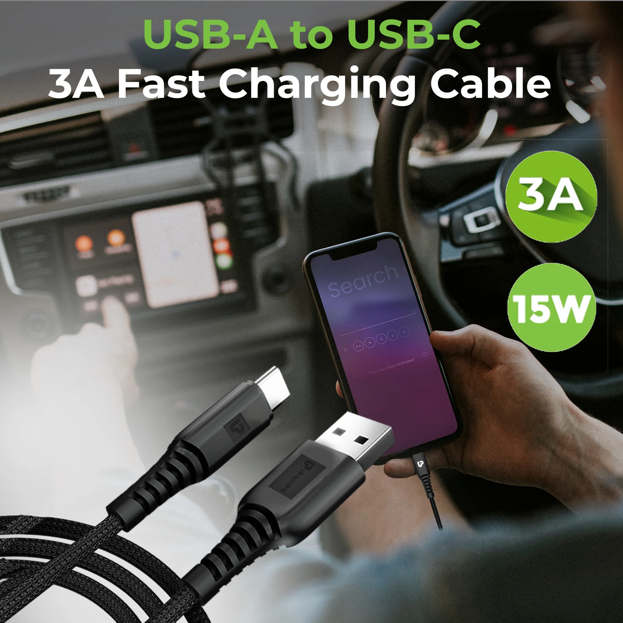 Zap-C Auto USB A to C Sync Charge Cable with Android Auto & Car Play support - Image 3
