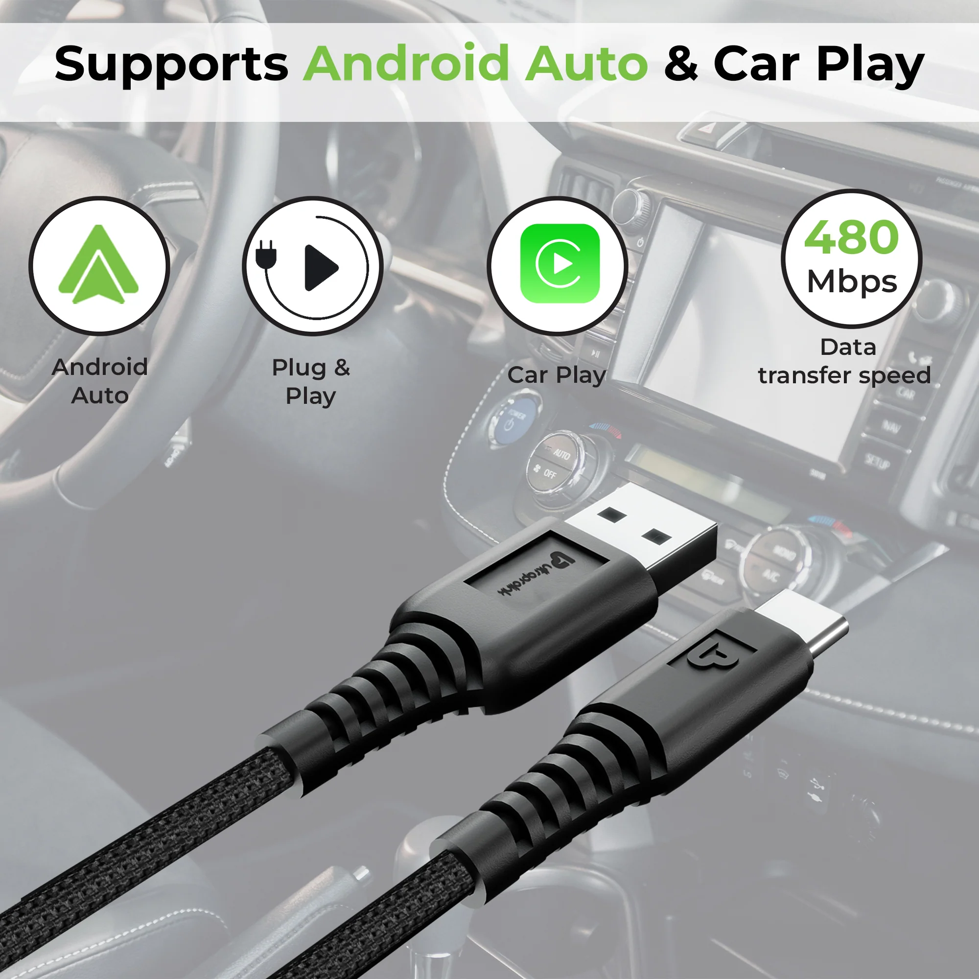 Zap-C Auto USB A to C Sync Charge Cable with Android Auto & Car Play support - Image 4