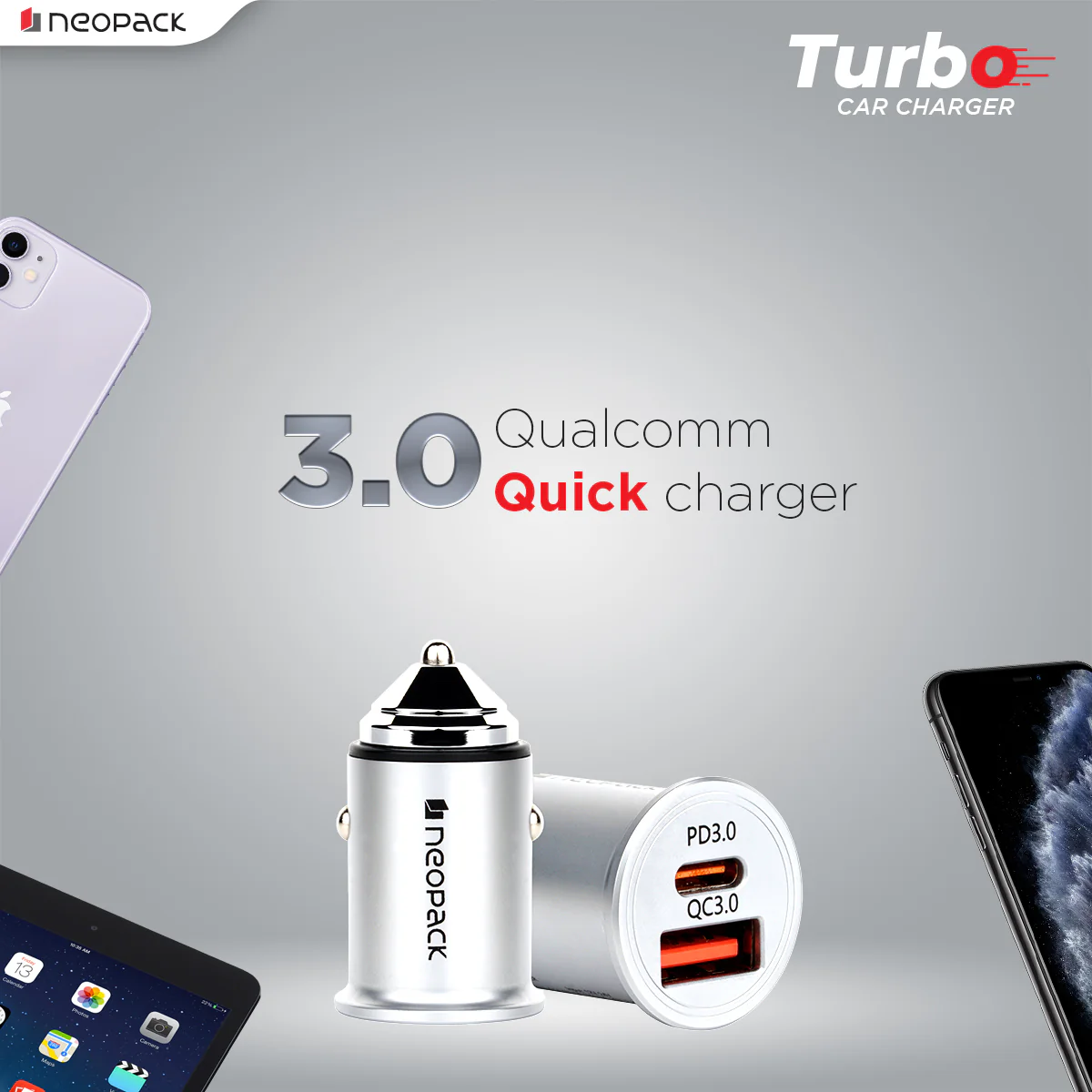45W Dual Port QC 3.0 Turbo Car Charger with USB-C @ 30W & USB-A @ 15W (Silver) - Image 2