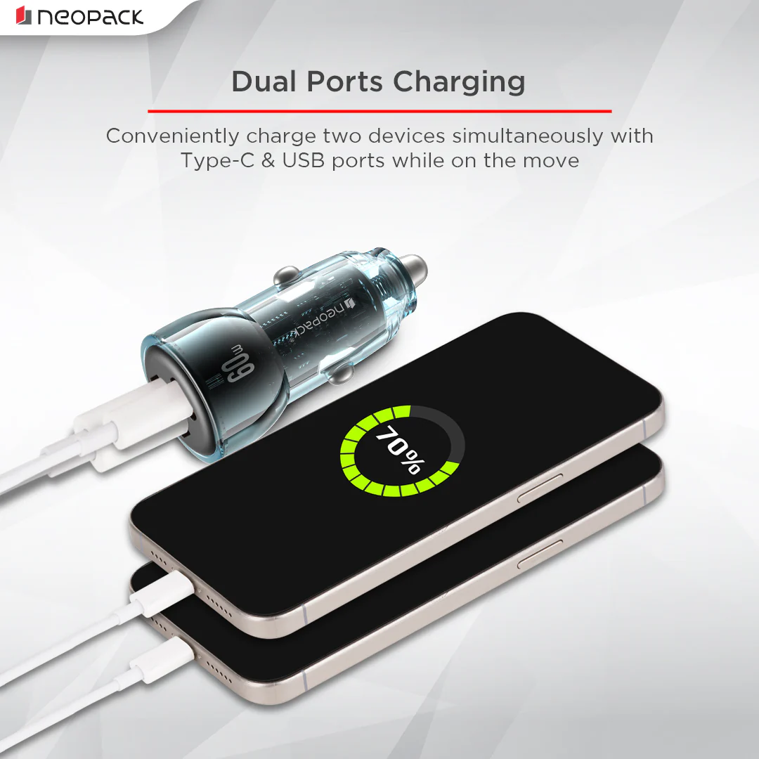 60W Dual Port Turbo Vision Car Charger with USB-C @ 30W PD 3.0 Output & USB-A @ 30W QC 3.0 Output Pots (Blue) - Image 2