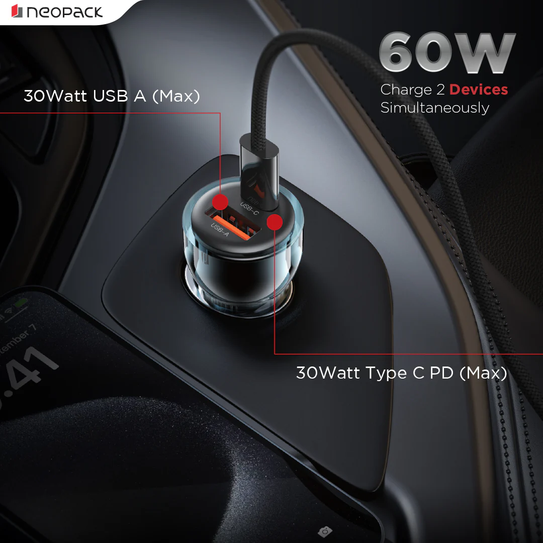 60W Dual Port Turbo Vision Car Charger with USB-C @ 30W PD 3.0 Output & USB-A @ 30W QC 3.0 Output Pots (Blue) - Image 3
