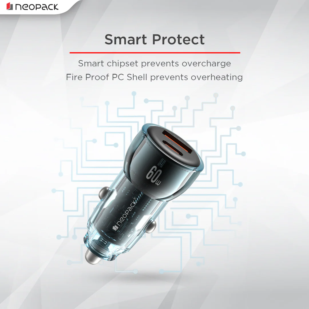 60W Dual Port Turbo Vision Car Charger with USB-C @ 30W PD 3.0 Output & USB-A @ 30W QC 3.0 Output Pots (Blue) - Image 4