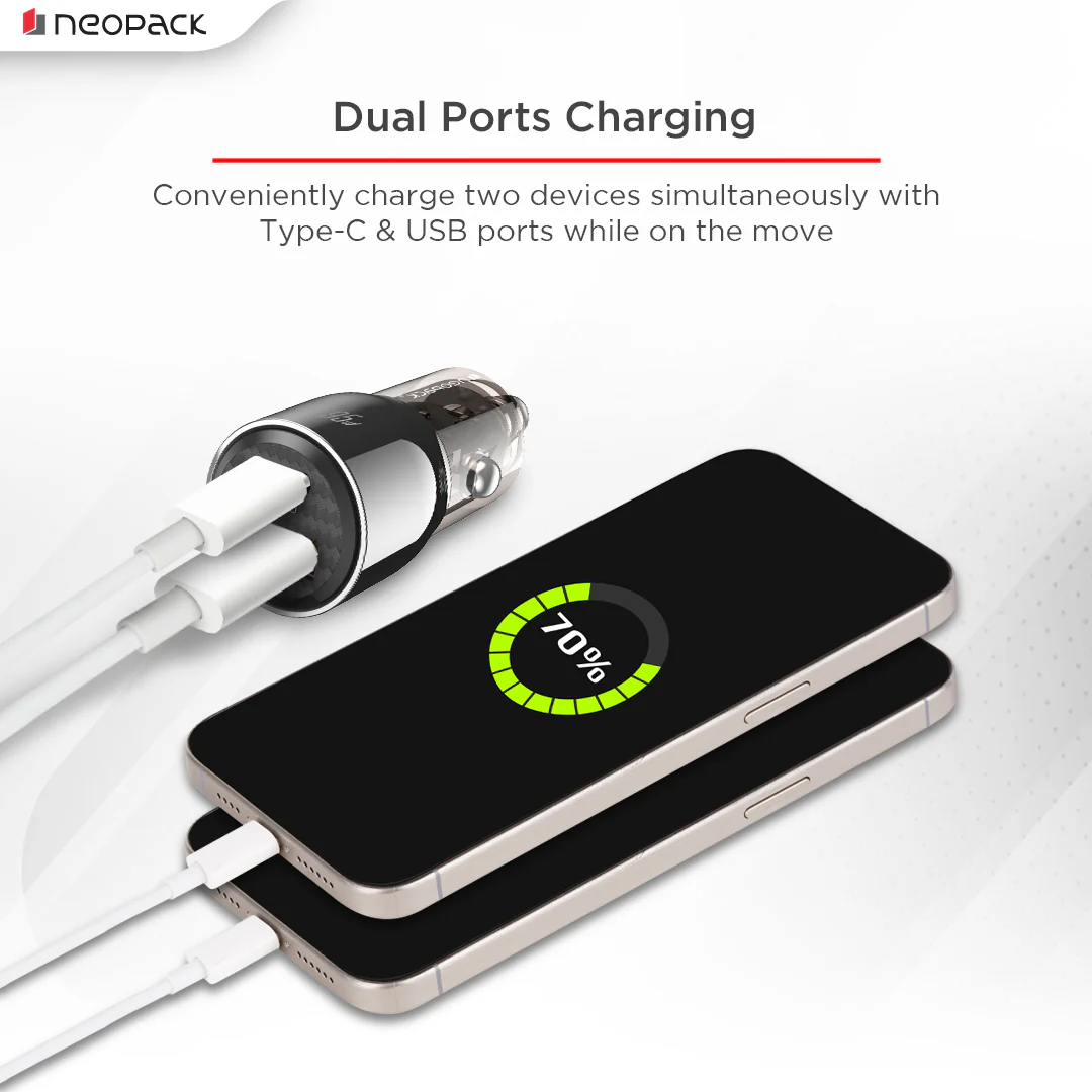 95W Dual Port Turbo Vision Car Charger with USB-C @ 65W PD 3.0 Output & USB-A @ 30W QC 3.0 Output Pots (Black) - Image 2