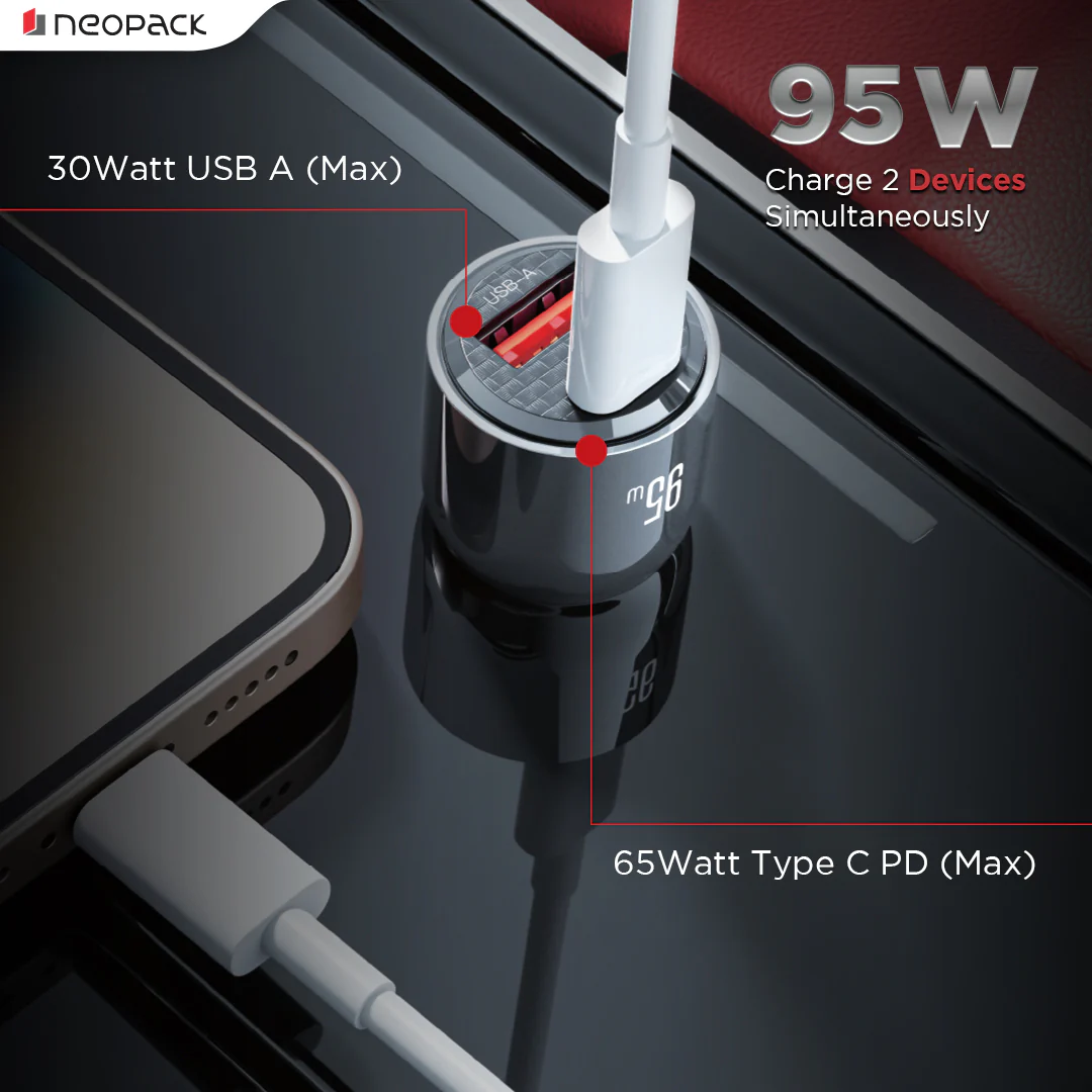 95W Dual Port Turbo Vision Car Charger with USB-C @ 65W PD 3.0 Output & USB-A @ 30W QC 3.0 Output Pots (Black) - Image 3
