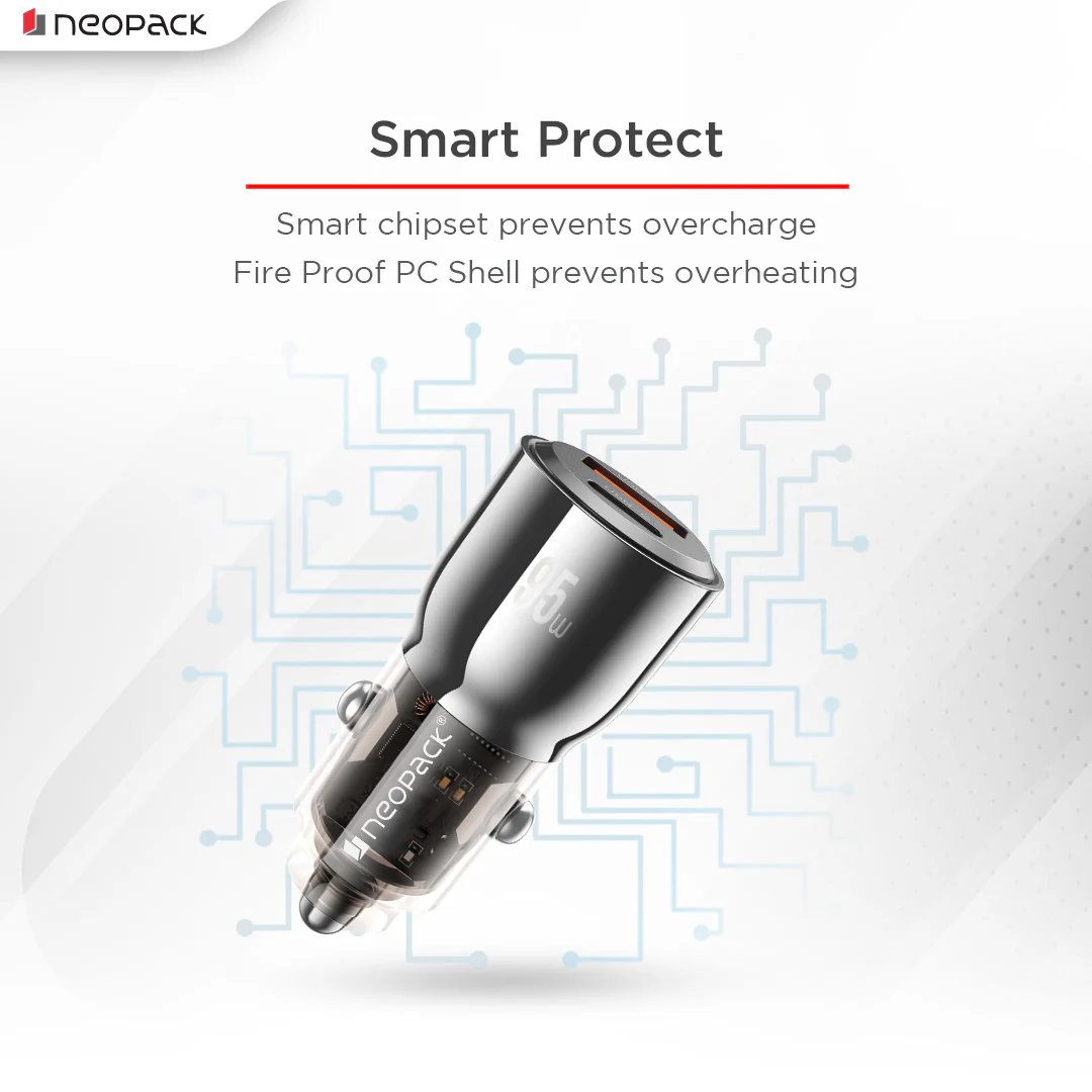 95W Dual Port Turbo Vision Car Charger with USB-C @ 65W PD 3.0 Output & USB-A @ 30W QC 3.0 Output Pots (Black) - Image 4