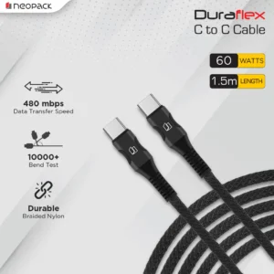 Duraflex 60W Type C to C Unbreakable Nylon Braided Charing Cable (1.5 Mtr, Black/Blue/Green)