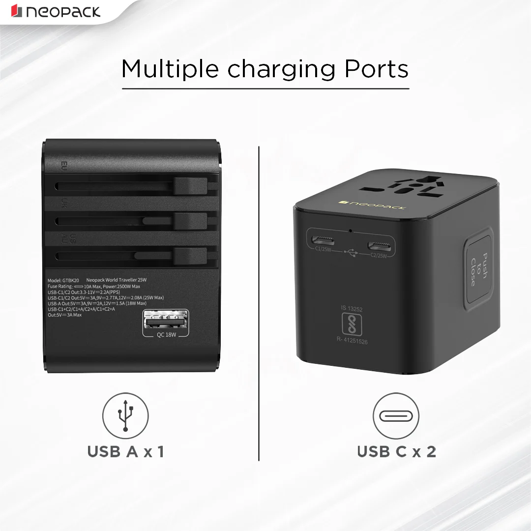World Traveller Adapter 25W with India Plug Compatible Sockets, 2 X USB-C PD + 1 X USB A Ports, All in One Worldwide for USA, EU, UK, AUS (Black) - Image 2