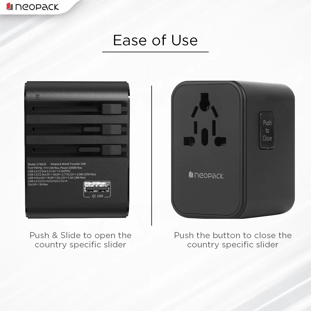World Traveller Adapter 25W with India Plug Compatible Sockets, 2 X USB-C PD + 1 X USB A Ports, All in One Worldwide for USA, EU, UK, AUS (Black) - Image 3