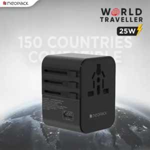 World Traveller Adapter 25W with India Plug Compatible Sockets, 2 X USB-C PD + 1 X USB A Ports, All in One Worldwide for USA, EU, UK, AUS (Black)