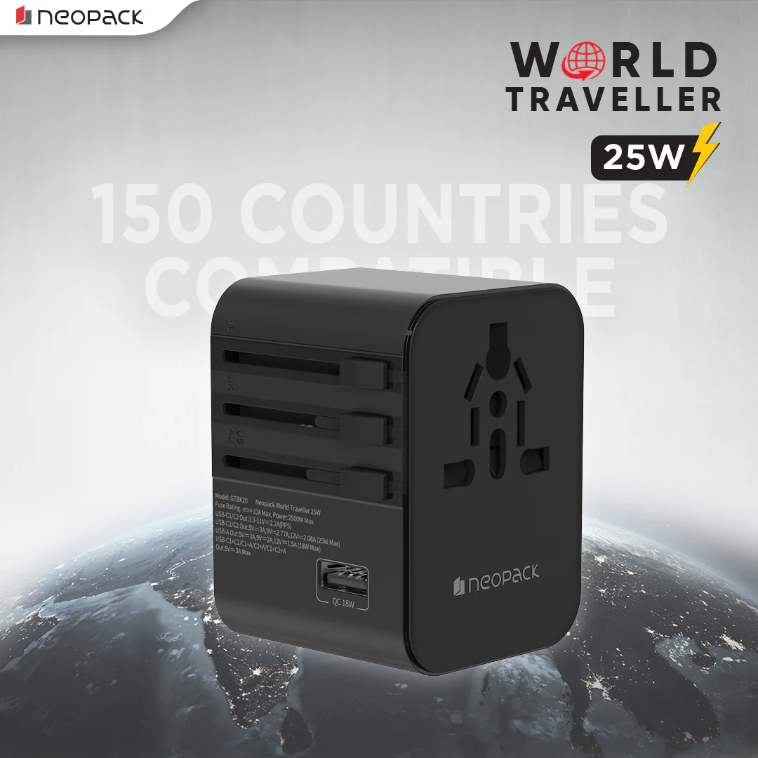World Traveller Adapter 25W with India Plug Compatible Sockets, 2 X USB-C PD + 1 X USB A Ports, All in One Worldwide for USA, EU, UK, AUS (Black)