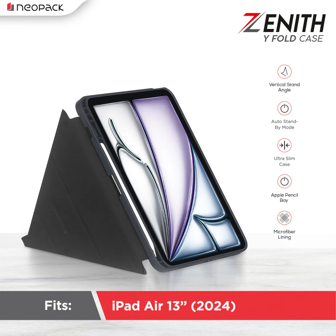 Zenith Y Fold Case with Pencil Holder for iPad Air 13", Fits: M2 & M3 Models / iPad Pro 12.9, Fits: 4th, 5th & 6th Gen. (Space Grey)