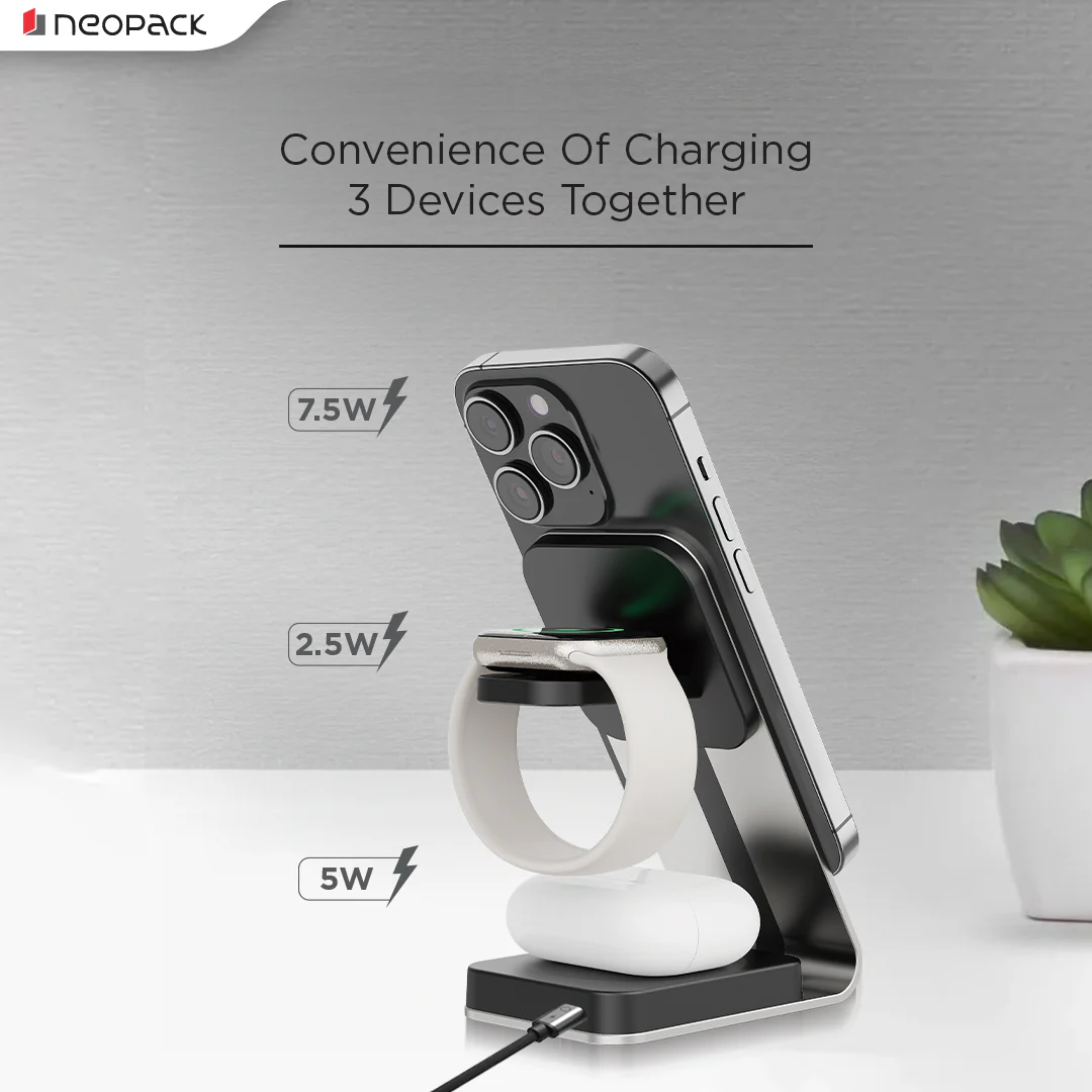 3 IN One Wireless Charging Stand 15W Compatible With iPhone, Apple Watch & Airpod (Silver) - Image 3