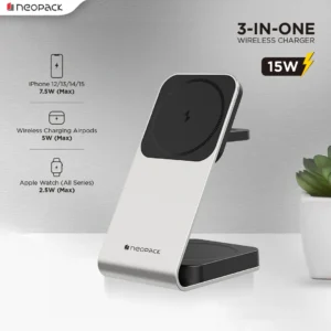 3 IN One Wireless Charging Stand 15W Compatible With iPhone, Apple Watch & Airpod (Silver)