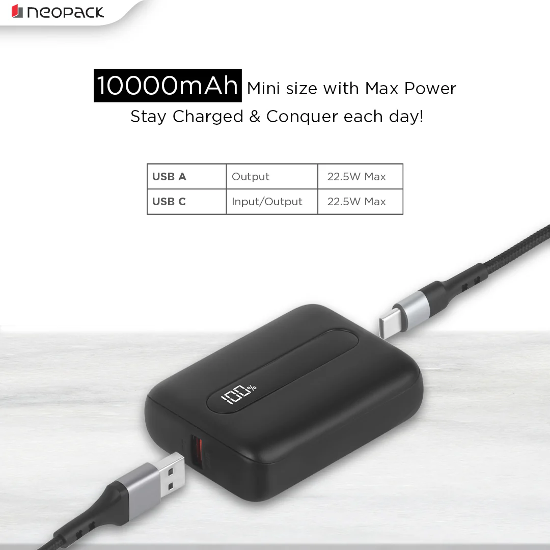 Atom 10000 mAH Power Bank with USB-A & USB-C @ 22.5W Dual Port Fast Charging Outputs (Black) - Image 3