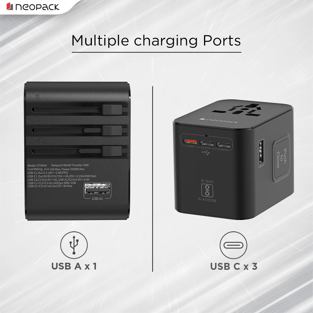 World Traveller Plus Adapter 45W with India Plug Compatible Sockets, 3 X USB-C PD + 1 X USB A Port, All in One Worldwide for USA, EU, UK, AUS (Black) - Image 2