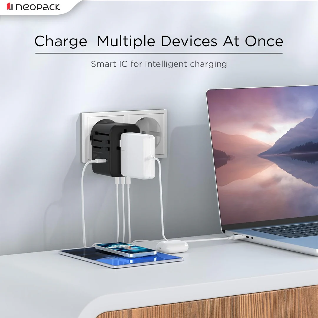 World Traveller Plus Adapter 45W with India Plug Compatible Sockets, 3 X USB-C PD + 1 X USB A Port, All in One Worldwide for USA, EU, UK, AUS (Black) - Image 3