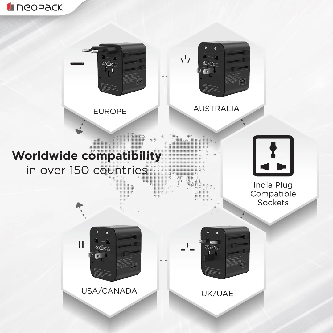 World Traveller Plus Adapter 45W with India Plug Compatible Sockets, 3 X USB-C PD + 1 X USB A Port, All in One Worldwide for USA, EU, UK, AUS (Black) - Image 4